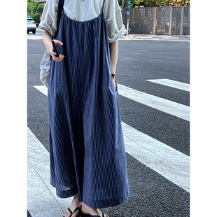 裙褲 復(fù)古藍(lán)色條紋背帶褲 女夏季 氣質(zhì)百搭寬松休閑闊腿吊帶連體褲