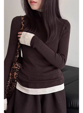 高级感撞色内搭打底衫女秋冬新款弹力修身显瘦高领针织衫T恤上衣