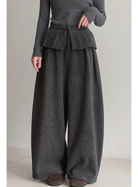 毛呢加绒屁帘裤子女冬2025新款设计感小众假两件加厚阔腿糯米裙裤