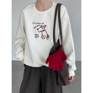 新款 2026春季 休闲圆领加绒加厚T恤上衣 宽松小狗卫衣女款 韩系时尚