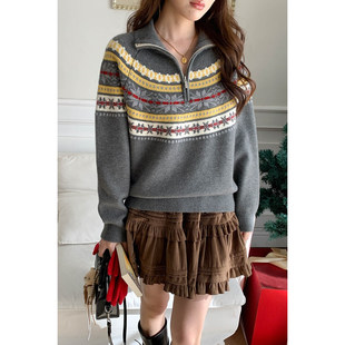 慵懒软糯高级感外穿套头毛衣 秋冬新款 费尔岛提花半拉链针织衫 女款