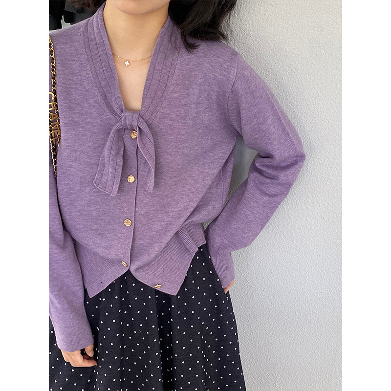 小香风灰色蝴蝶结针织衫女