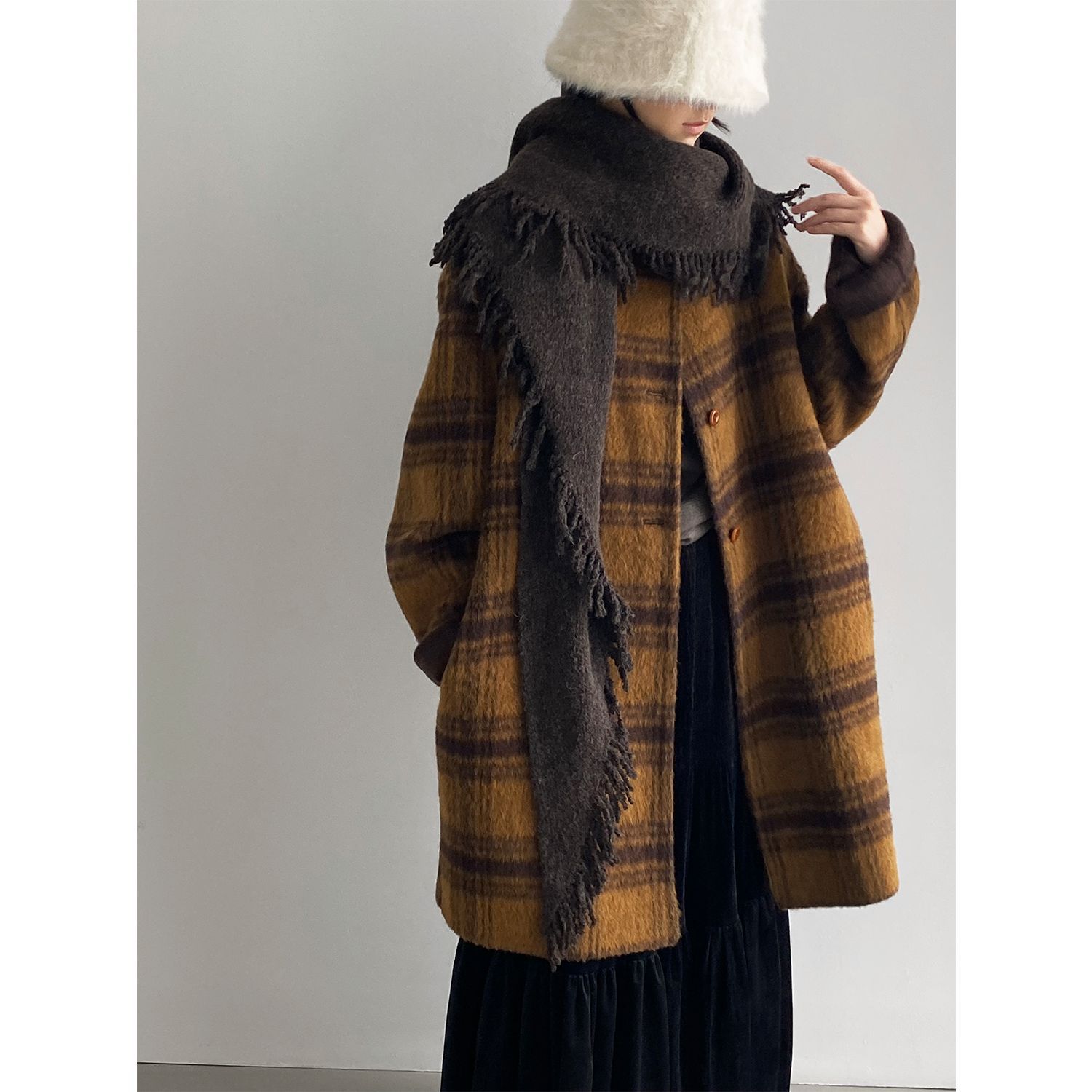 秋冬新款格纹双面呢羊毛外套女