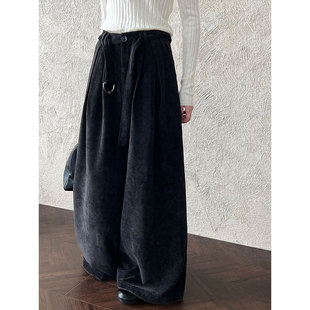 气质通勤百搭扣袢休闲裤 新款 女秋季 韩系复古雪尼尔阔腿配腰带长裤