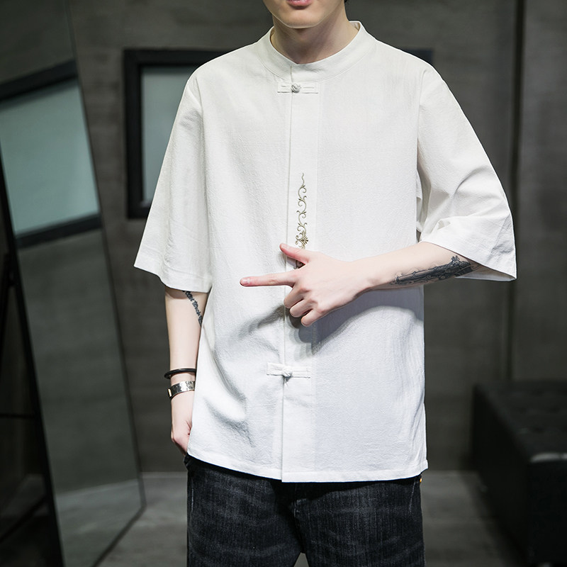 夏季风宽松大码盘扣刺绣棉麻短袖男装ST013-P55-白,男装T恤,电商A011-1（原4007）