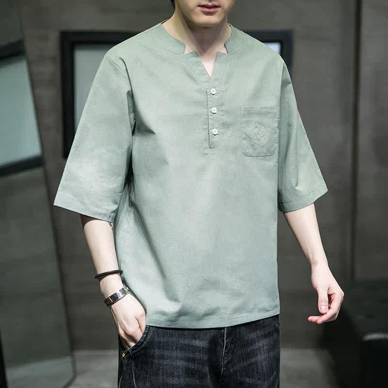 风新款夏装宽松大码棉麻短袖-DSA011-1-ST017-P55-浅绿,男装T恤,电商A011-1（原4007）