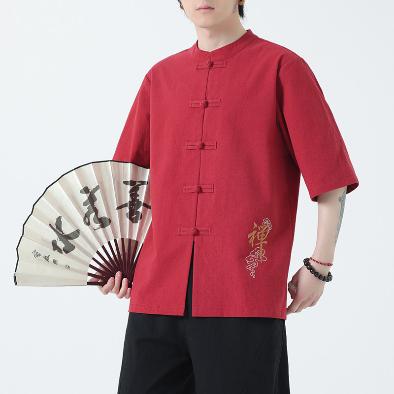 春夏风男装宽松大码盘扣纯色短袖A011-1-ST010-P58-红,男装T恤,电商A011-1（原4007）