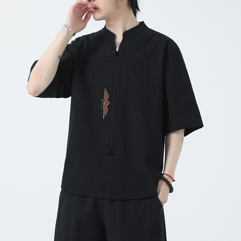 新款风男装刺绣宽松大码短袖-DSA011-1-ST035-P55-黑，男装T恤，电商A011-1（原4007）