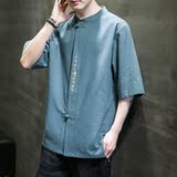 夏季风宽松大码盘扣刺绣棉麻短袖男装ST013-P55-绿色，男装T恤，电商A011-1（原4007）