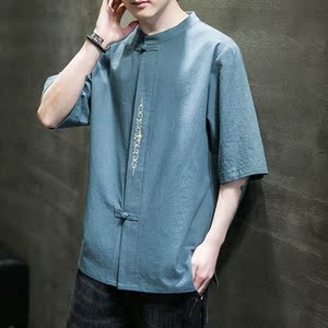 夏季风宽松大码盘扣刺绣棉麻短袖男装ST013-P55-绿色图片
