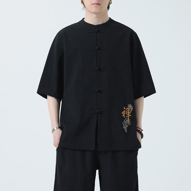 春夏风男装宽松大码盘扣纯色短袖-A011-1-ST010-P58-黑,男装T恤,电商A011-1（原4007）