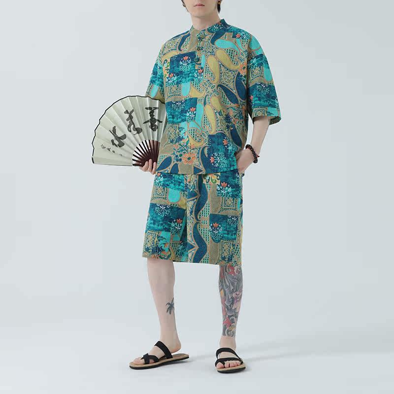 风男装印花宽松大码男士套装-A011-1-TZ036-P80-绿色,男装休闲套装,电商A011-1（原4007）