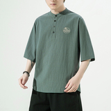 夏季风纯色休闲宽松大码绣花短袖ST011-P55-绿，男装T恤，电商A011-1（原4007）