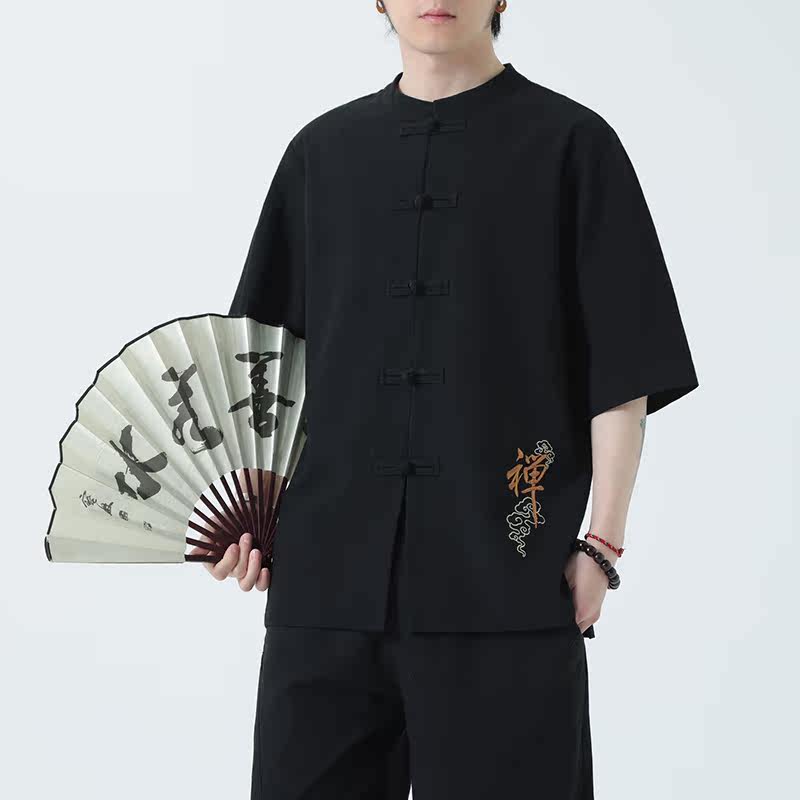 春夏风男装宽松大码盘扣纯色短袖-A011-1-ST010-P58-黑,男装T恤,电商A011-1（原4007）