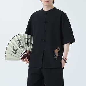 春夏风男装宽松大码盘扣纯色短袖-A011-1-ST010-P58-黑图片