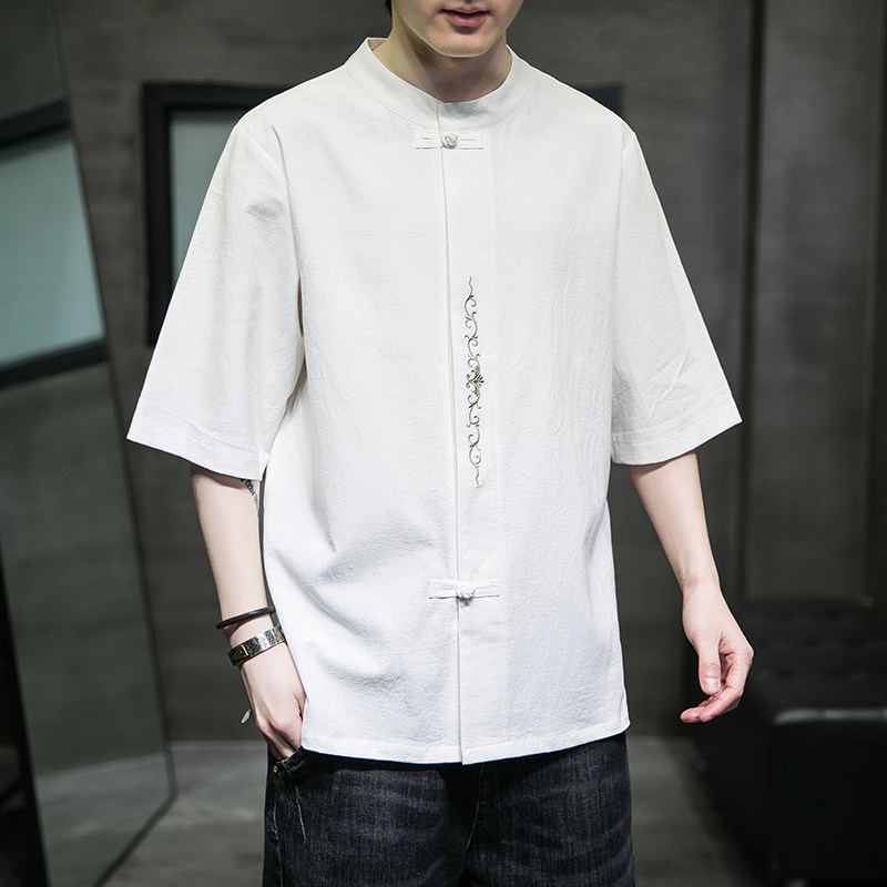 夏季风宽松大码盘扣刺绣棉麻短袖男装ST013-P55-白,男装T恤,电商A011-1（原4007）
