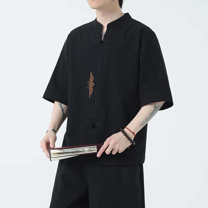 新款风男装刺绣宽松大码短袖-DSA011-1-ST035-P55-黑,男装T恤,电商A011-1（原4007）