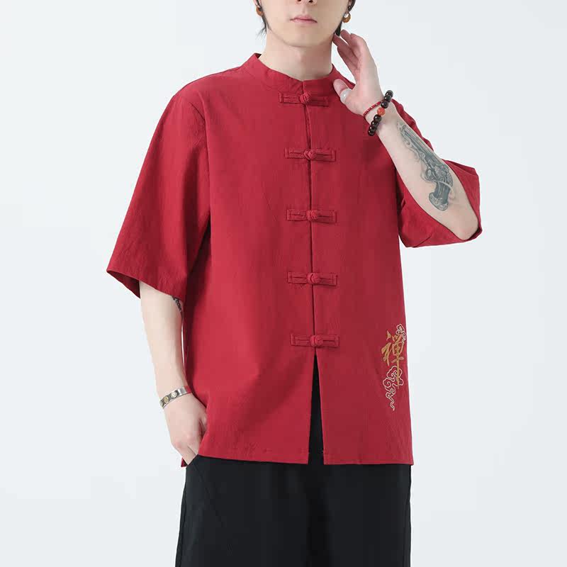 春夏风男装宽松大码盘扣纯色短袖A011-1-ST010-P58-红,男装T恤,电商A011-1（原4007）