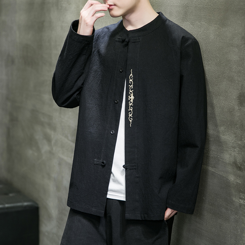 风新款春季宽松大码棉麻刺绣长袖ST018黑色-P65，男装卫衣，电商A011-1（原4007）