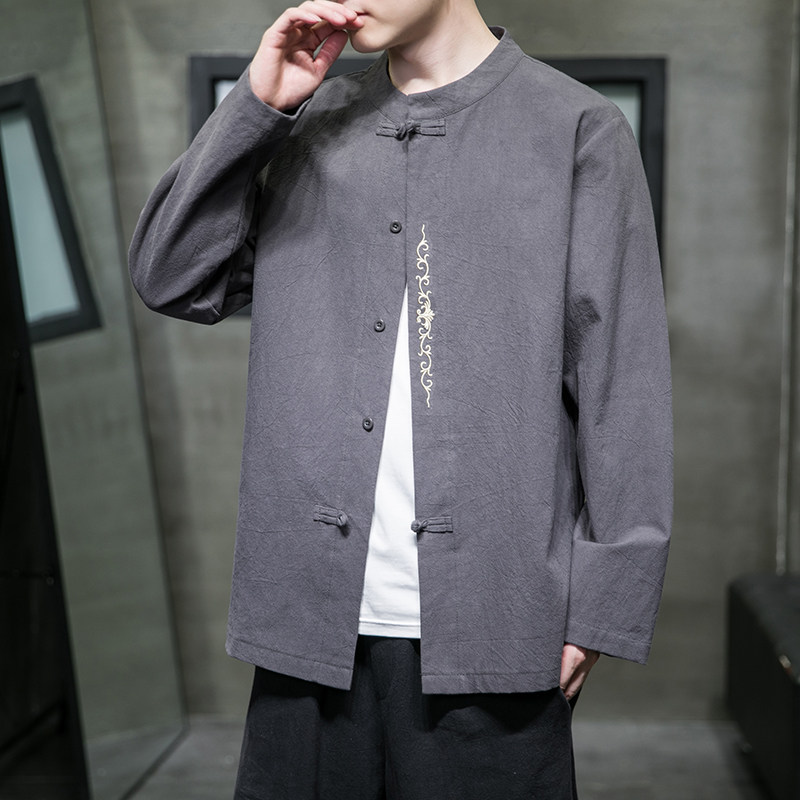 风新款长袖宽松大码棉麻刺绣 ST018   灰色-P65图片