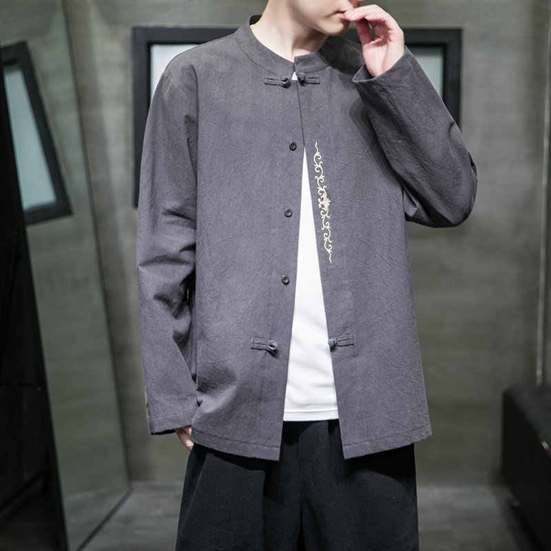 风新款长袖宽松大码棉麻刺绣ST018灰色-P65,男装T恤,电商A011-1（原4007）