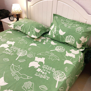 优质粗布 山东老粗布床上用品100%纯棉印花帆布萌萌绿床单被单