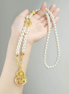 复古五福圆满金色仿珍珠项链景泰蓝吊坠中式长款配饰珠珠国风挂件