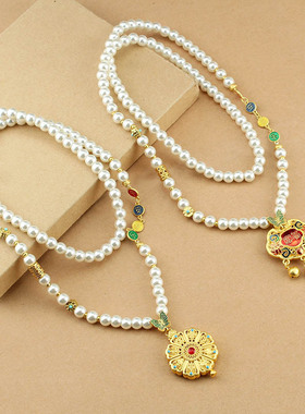 复古新中式圆牌仿珍珠长款项链女古风国风毛衣链轻奢旗袍配饰批发