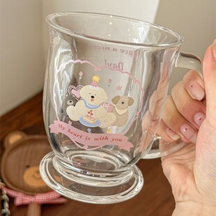 原创可爱小熊蛋糕玻璃杯设计小众高颜值ins卡通玻璃杯便携大容量