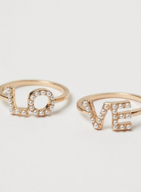 HM 小红书梨花珍珠LOVE戒指cos极简波浪形多层指环尾戒配饰 5枚组