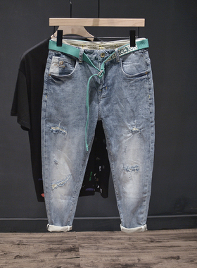 高弹浅蓝色薄款破洞九分裤男士潮牌ins牛仔裤水洗修身小脚裤大码
