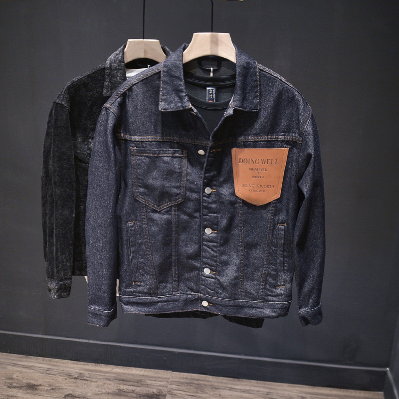 原宿潮牌皮革口袋牛仔外套男士日系复古重磅水洗宽松长袖夹克ins
