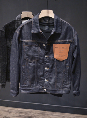 原宿潮牌皮革口袋牛仔外套男士日系复古重磅水洗宽松长袖夹克ins