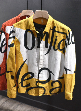 时尚都市潮牌ins港式休闲亚麻衬衫男字母满印花个性上衣帅气长袖