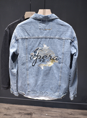 时尚个性刺绣牛仔外套男潮牌中国风牛仔夹克修身水洗复古外穿长袖