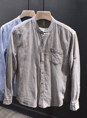 高端轻奢文艺潮男士百搭条纹衬衫亚麻棉英伦复古休闲长袖衬衣春秋