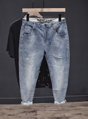 时尚刮烂韩版潮流九分裤男弹力牛仔裤水洗修身小脚裤薄款日常裤子