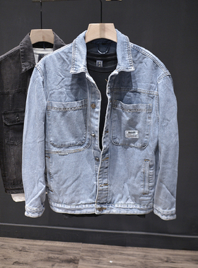 春秋潮牌日系复古水洗牛仔夹克男士工装外套标准版型绣标长袖宽松
