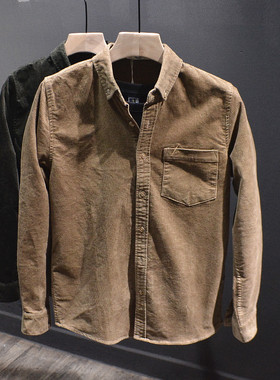 柔和舒适高端刺绣灯芯绒休闲衬衫男士英伦复古百搭潮流长袖上衣韩