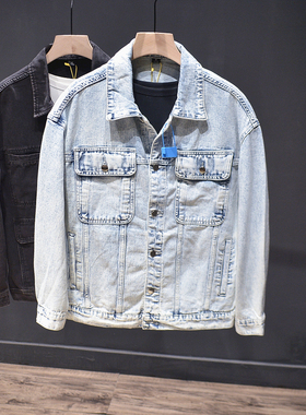 浅蓝色柔软棉牛仔外套男时尚潮牌翻领春秋雪花水洗宽松夹克大码男