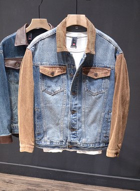 酷帅时尚潮牌ins灯芯绒日系夹克男士拼接牛仔外套男宽松高端外衣