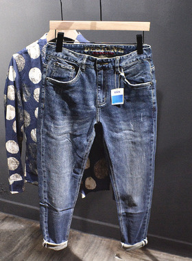 重磅水洗刮烂牛仔裤潮时尚百搭哈伦裤男士高弹小直筒修身刺绣长裤