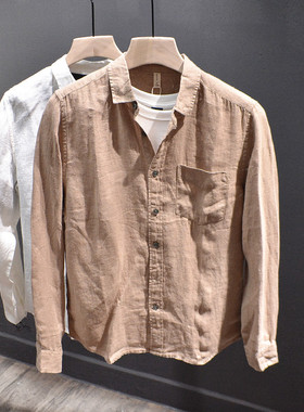 复古潮牌百搭高级亚麻衬衫男士纯色美式休闲长袖衣春秋韩版打底衫
