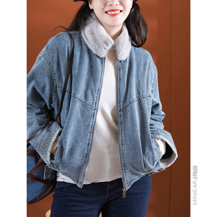 毛领拼接 小耳出品 加厚毛绒 重工洗水 立领牛仔外套女 复古机车