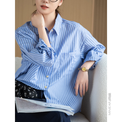 显瘦竖条纹长袖衬单排多扣翻领女