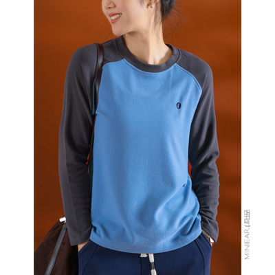 小耳出品人棉混纺撞色插肩袖上衣