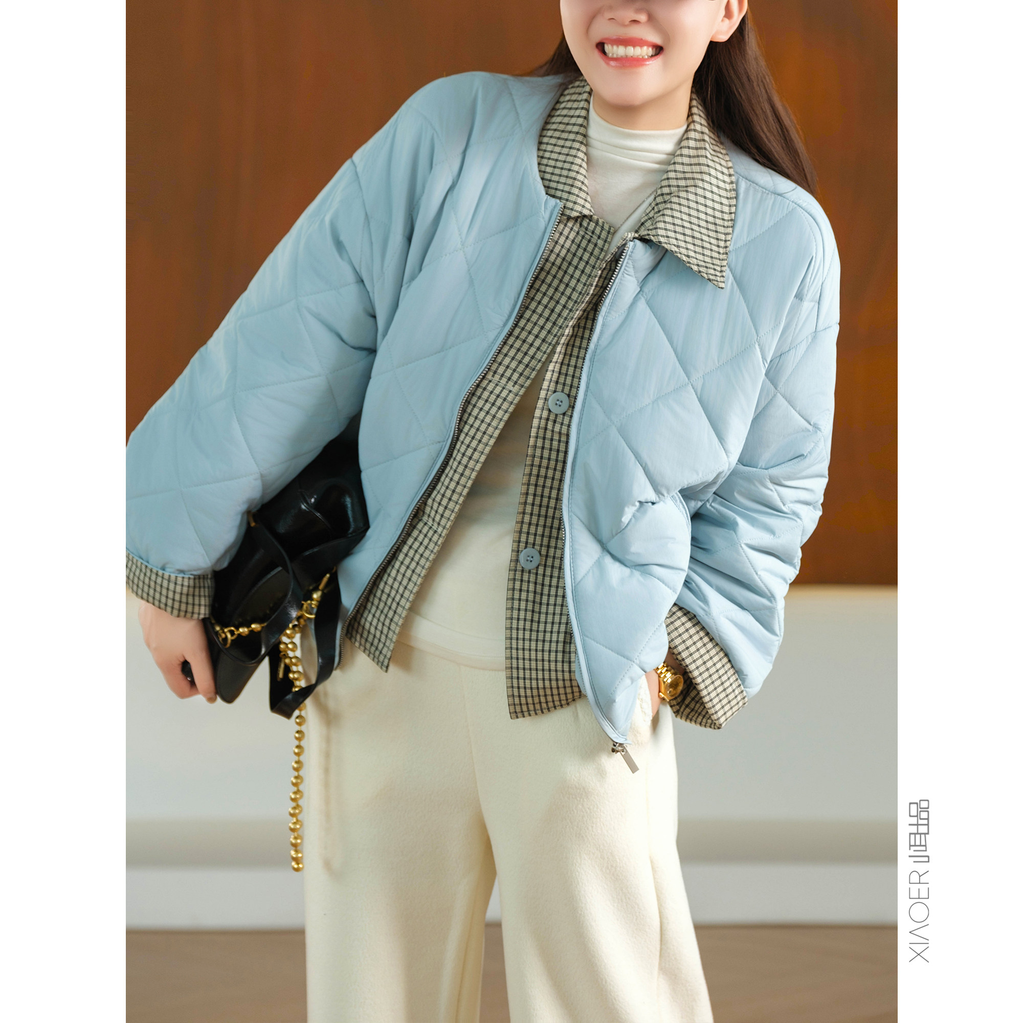 小耳出品【假两件可拆卸棉服】菱格绗缝/色织格纹 蓬松保暖短款女