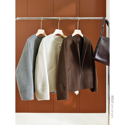 山羊绒绵羊毛圆领拉链毛呢外套