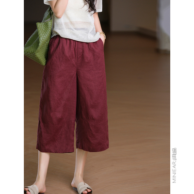 全亚麻七分裤松紧腰口袋百搭多色