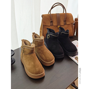 短靴女 加绒加厚防滑橡胶底保暖棉鞋 小耳出品 内里羊毛刺绣雪地靴